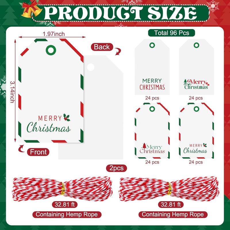 AuraRay Personalizing Christmas Gift Tags, 96 Pack Thick Cardstock Labels with 66ft Red & White String - Merry Christmas Name Tags Stickers Labels for Holiday Presents Gift, 2 x 3 Inch - 4 Designs - Image 2